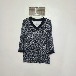 Studio Works Black & White Floral V-Neck Blouse